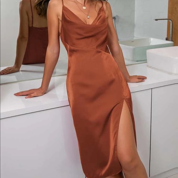 Cami cowl neck satin silky midi dress slit - Picture 9 of 11